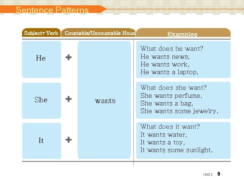 Sentence Patterns Subject+Verb He She It Countable/Uncountable Noun Examples + What does he want?