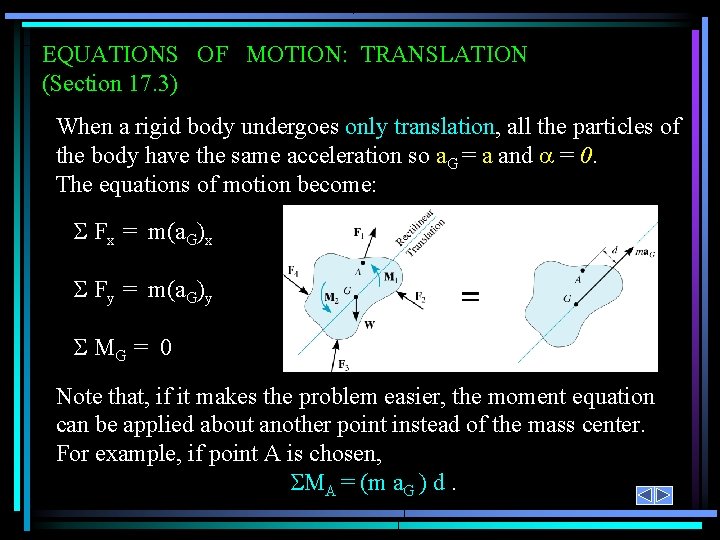 EQUATIONS OF MOTION: TRANSLATION (Section 17. 3) When a rigid body undergoes only translation,