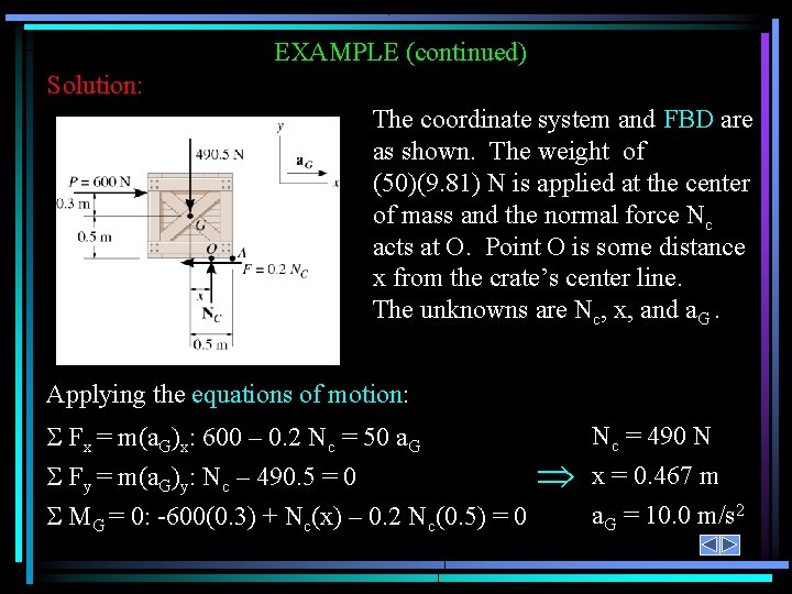 EXAMPLE (continued) Solution: The coordinate system and FBD are as shown. The weight of