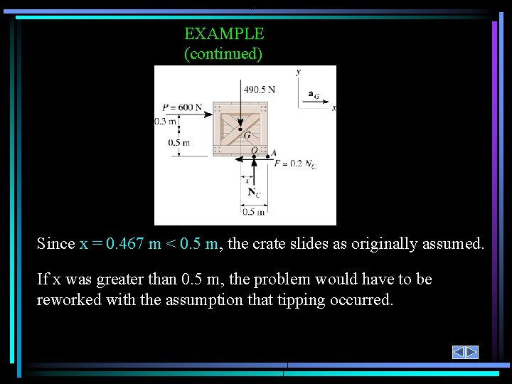 EXAMPLE (continued) Since x = 0. 467 m < 0. 5 m, the crate