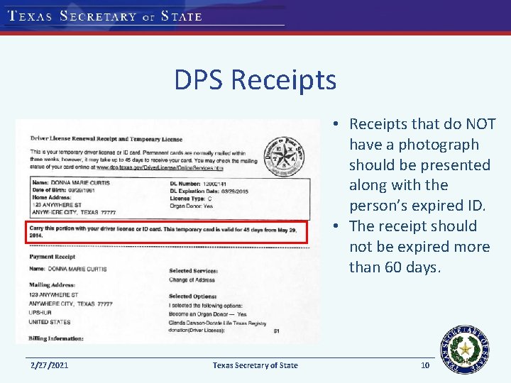 DPS Receipts • Receipts that do NOT have a photograph should be presented along