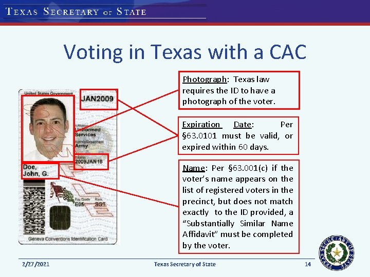 Voting in Texas with a CAC Photograph: Texas law requires the ID to have