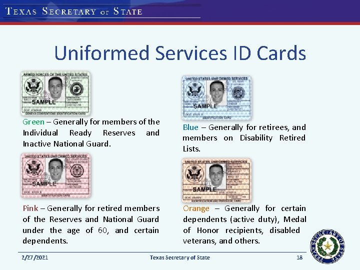 Uniformed Services ID Cards Green – Generally for members of the Individual Ready Reserves