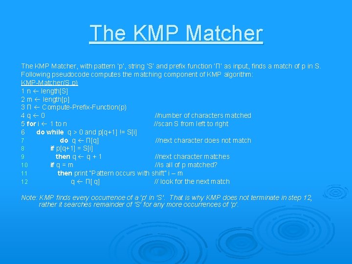 The KMP Matcher, with pattern ‘p’, string ‘S’ and prefix function ‘Π’ as input,