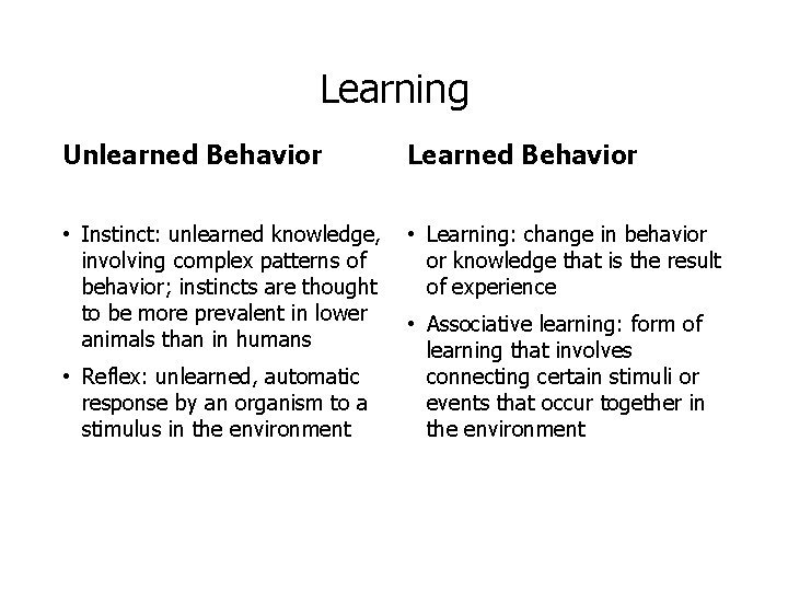 Learning Unlearned Behavior Learned Behavior • Instinct: unlearned knowledge, • Learning: change in behavior