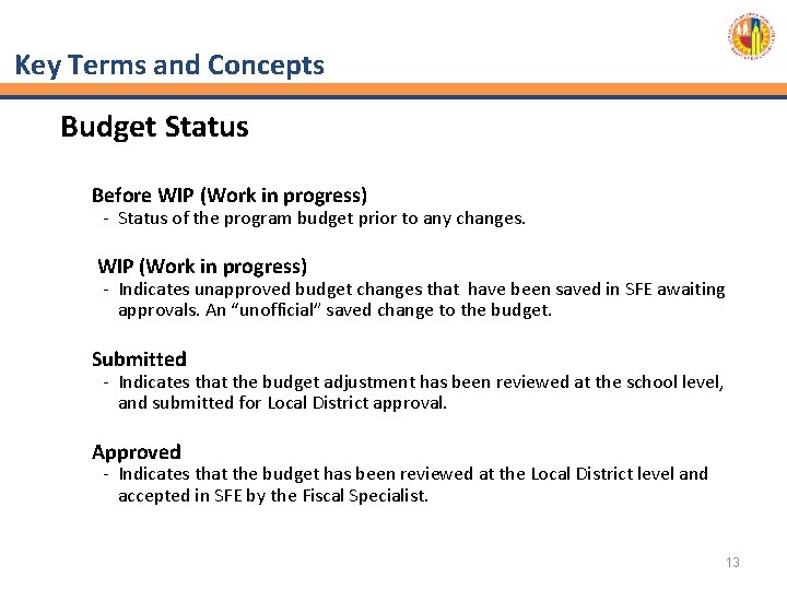 Key Terms and Concepts Budget Status Before WIP (Work in progress) - Status of