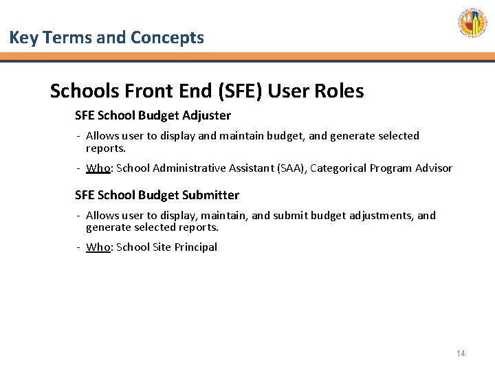 Key Terms and Concepts Schools Front End (SFE) User Roles SFE School Budget Adjuster