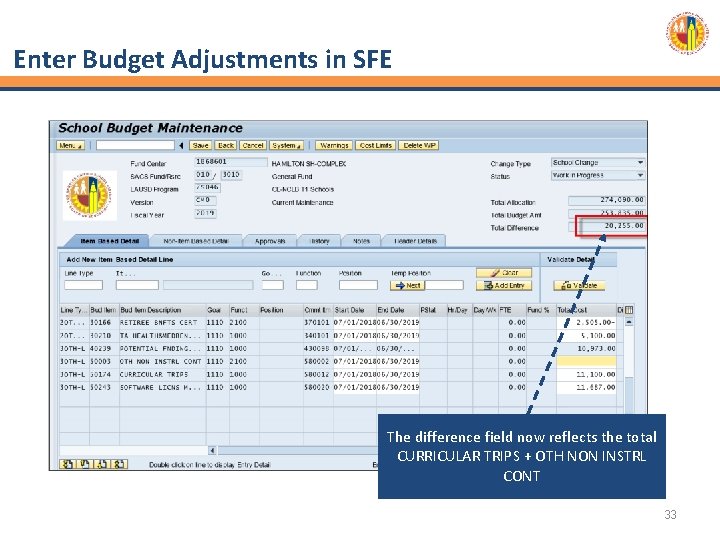 Enter Budget Adjustments in SFE The difference field now reflects the total CURRICULAR TRIPS