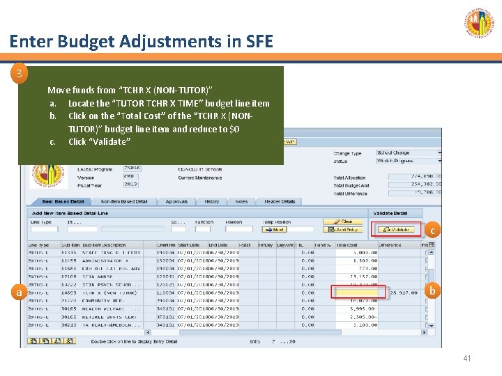 Enter Budget Adjustments in SFE 3 Move funds from “TCHR X (NON-TUTOR)” a. Locate