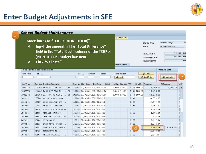 Enter Budget Adjustments in SFE 3 Move funds to “TCHR X (NON-TUTOR)” d. Input