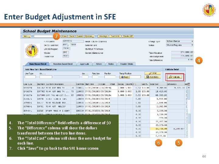 Enter Budget Adjustment in SFE 7 4 4. 5. 6. 7. The “Total Difference”