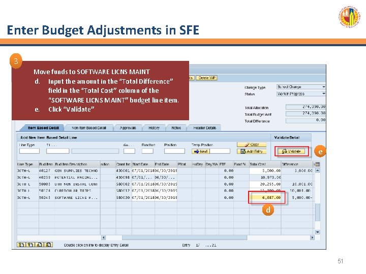 Enter Budget Adjustments in SFE 3 Move funds to SOFTWARE LICNS MAINT d. Input