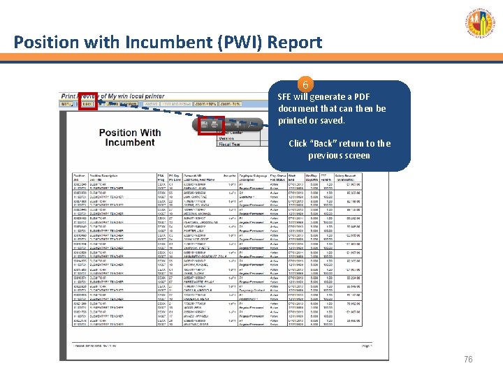 Position with Incumbent (PWI) Report 6 SFE will generate a PDF document that can