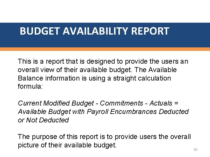 BUDGET AVAILABILITY REPORT This is a report that is designed to provide the users