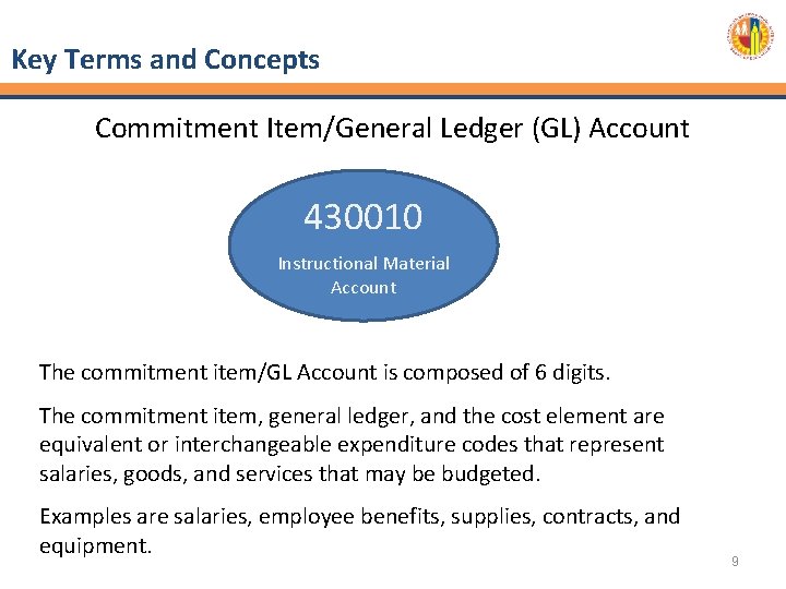 Key Terms and Concepts Commitment Item/General Ledger (GL) Account 430010 Instructional Material Account The