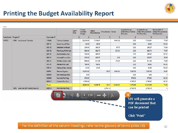 Printing the Budget Availability Report 3 4 SFE will generate a PDF document that