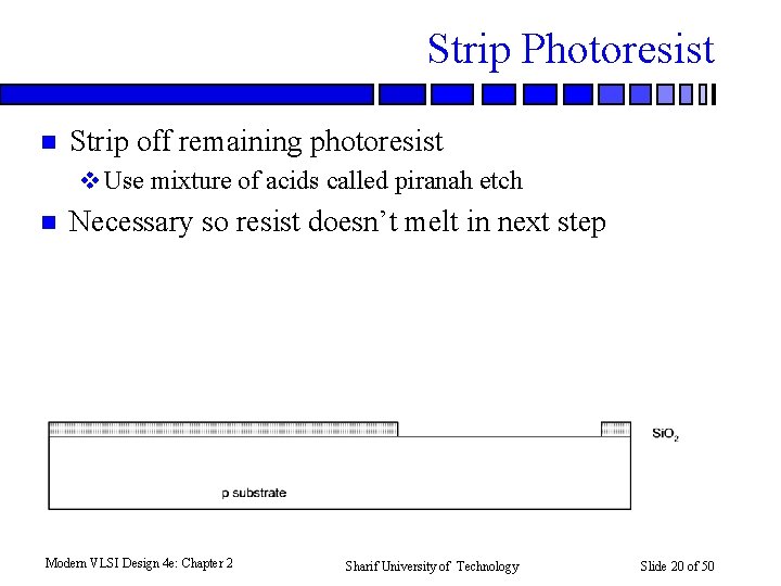 Strip Photoresist n Strip off remaining photoresist v Use mixture of acids called piranah