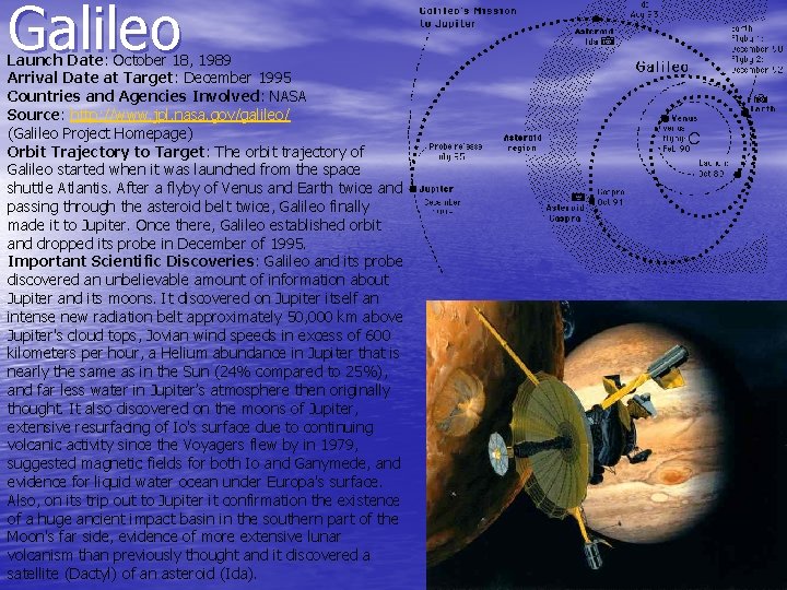 Galileo Launch Date: October 18, 1989 Arrival Date at Target: December 1995 Countries and