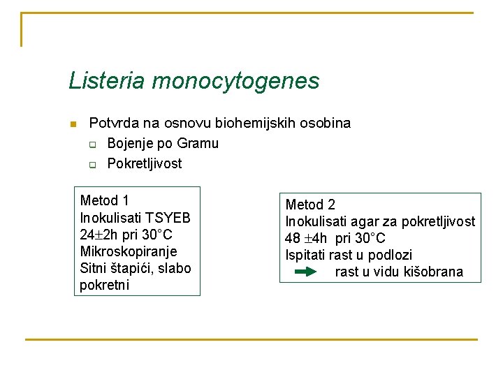 Listeria monocytogenes n Potvrda na osnovu biohemijskih osobina q Bojenje po Gramu q Pokretljivost