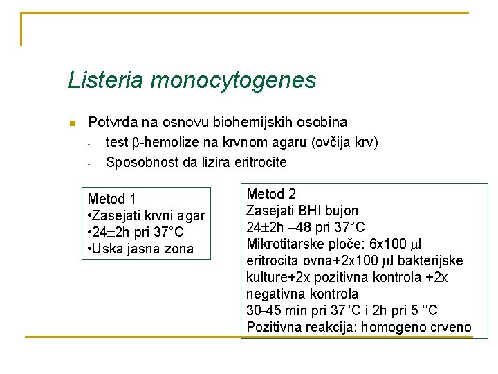 Listeria monocytogenes n Potvrda na osnovu biohemijskih osobina test -hemolize na krvnom agaru (ovčija