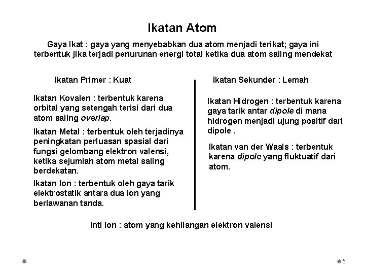 Ikatan Atom Gaya Ikat : gaya yang menyebabkan dua atom menjadi terikat; gaya ini