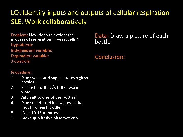 LO: Identify inputs and outputs of cellular respiration SLE: Work collaboratively Problem: How does