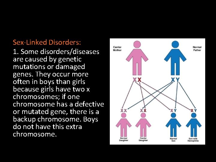 Sex-Linked Disorders: 1. Some disorders/diseases are caused by genetic mutations or damaged genes. They