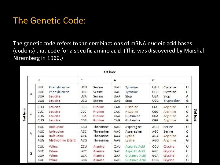 The Genetic Code: The genetic code refers to the combinations of m. RNA nucleic
