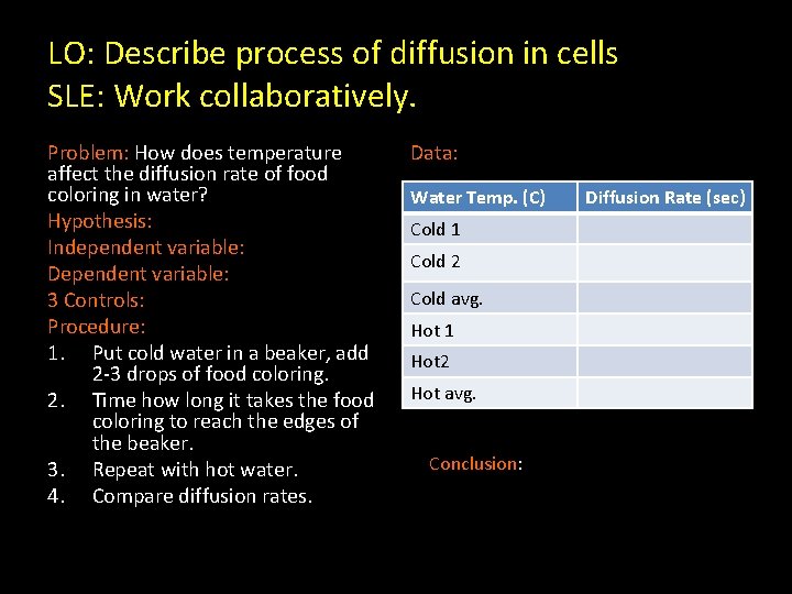 LO: Describe process of diffusion in cells SLE: Work collaboratively. Problem: How does temperature
