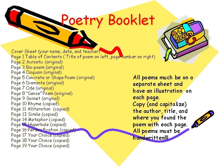 Poetry Booklet Cover Sheet (your name, date, and teacher) Page 1 Table of Contents