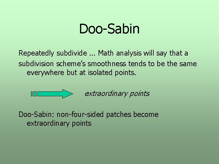 Doo-Sabin Repeatedly subdivide. . . Math analysis will say that a subdivision scheme’s smoothness