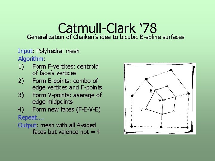 Catmull-Clark ‘ 78 Generalization of Chaiken’s idea to bicubic B-spline surfaces Input: Polyhedral mesh