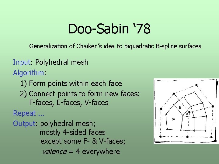 Doo-Sabin ‘ 78 Generalization of Chaiken’s idea to biquadratic B-spline surfaces Input: Polyhedral mesh
