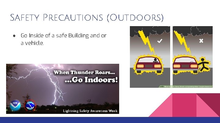 Safety Precautions (Outdoors) ● Go Inside of a safe Building and or a vehicle.