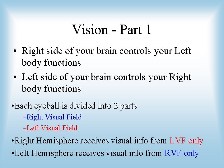Vision - Part 1 • Right side of your brain controls your Left body