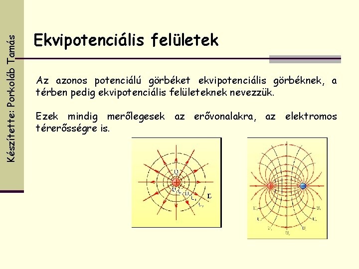 Készítette: Porkoláb Tamás Ekvipotenciális felületek Az azonos potenciálú görbéket ekvipotenciális görbéknek, a térben pedig