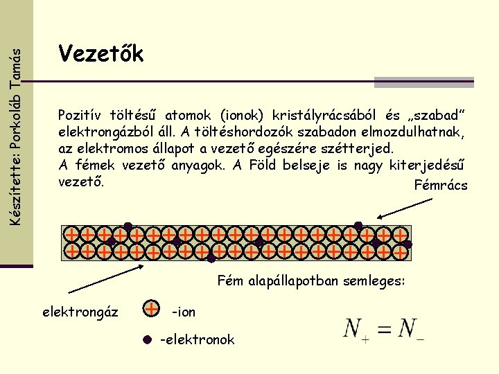 Készítette: Porkoláb Tamás Vezetők Pozitív töltésű atomok (ionok) kristályrácsából és „szabad” elektrongázból áll. A