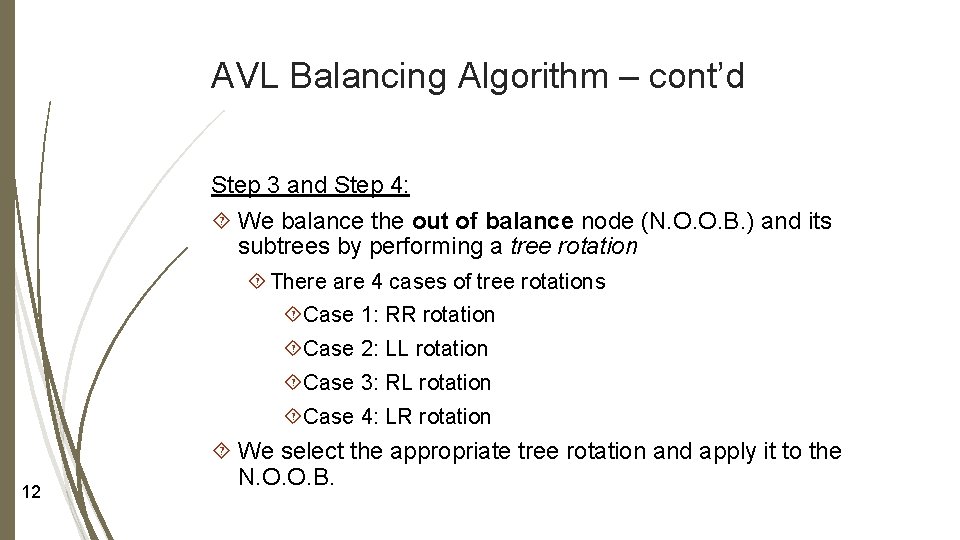 AVL Balancing Algorithm – cont’d Step 3 and Step 4: We balance the out