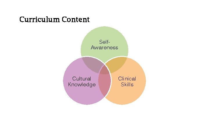 Curriculum Content Self. Awareness Cultural Knowledge Clinical Skills 