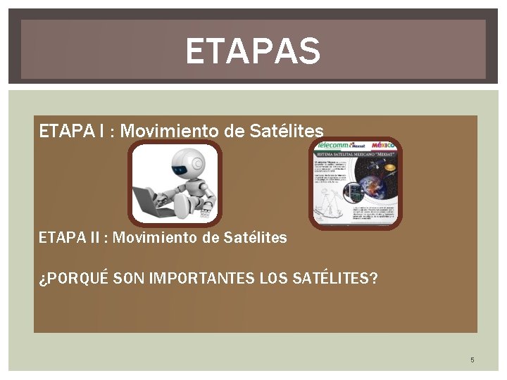 ETAPAS ETAPA I : Movimiento de Satélites ETAPA II : Movimiento de Satélites ¿PORQUÉ