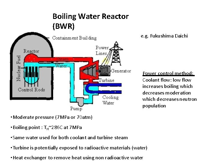 Boiling Water Reactor (BWR) e. g. Fukushima Daichi Power control method: Coolant flow: low