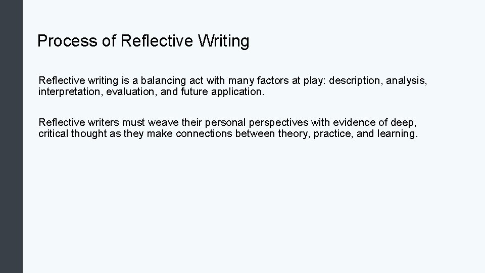 Process of Reflective Writing Reflective writing is a balancing act with many factors at