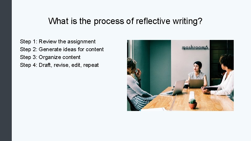 What is the process of reflective writing? Step 1: Review the assignment Step 2: