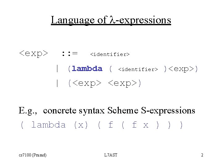 Language of l-expressions <exp> : : = <identifier> | (lambda ( <identifier> )<exp>) |