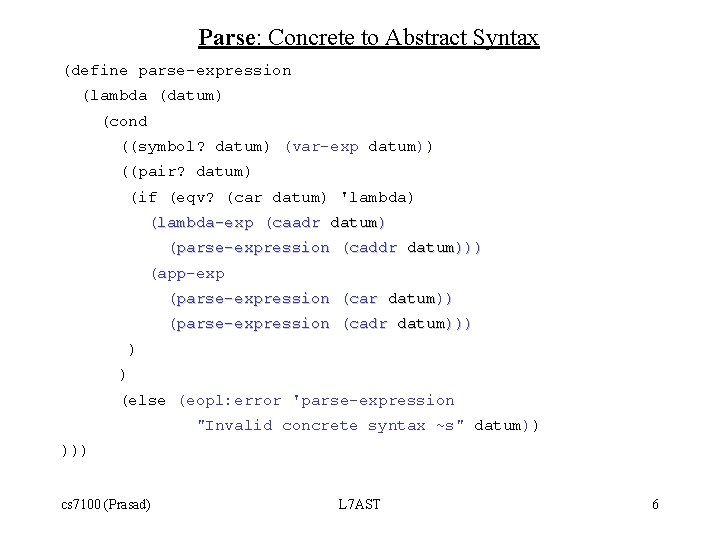 Parse: Concrete to Abstract Syntax (define parse-expression (lambda (datum) (cond ((symbol? datum) (var-exp datum))