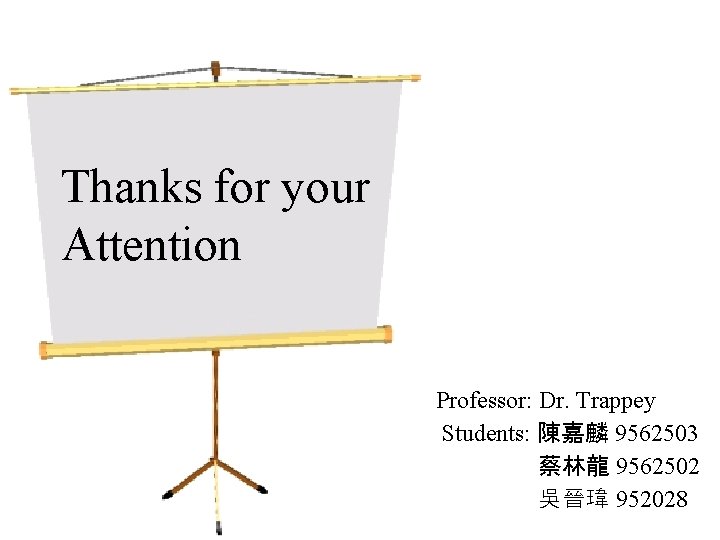 Thanks for your Attention Professor: Dr. Trappey Students: 陳嘉麟 9562503 蔡林龍 9562502 吳晉瑋 952028