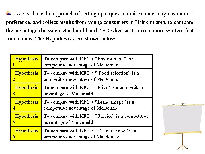 We will use the approach of setting up a questionnaire concerning customers’ preference. and