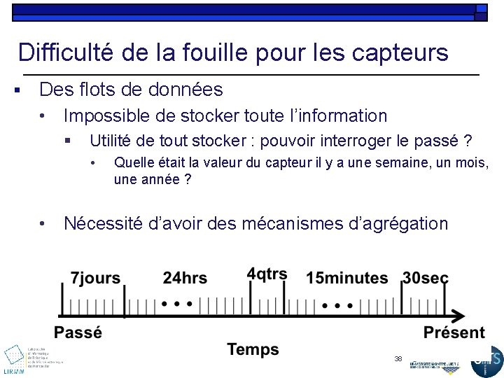 Difficulté de la fouille pour les capteurs § Des flots de données • Impossible
