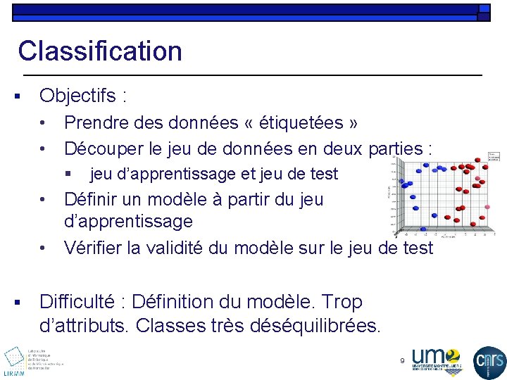 Classification § Objectifs : • Prendre des données « étiquetées » • Découper le