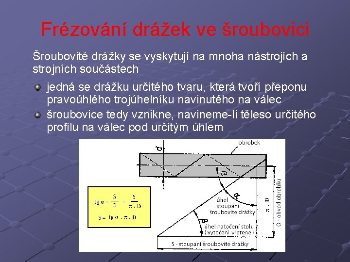 Frézování drážek ve šroubovici Šroubovité drážky se vyskytují na mnoha nástrojích a strojních součástech